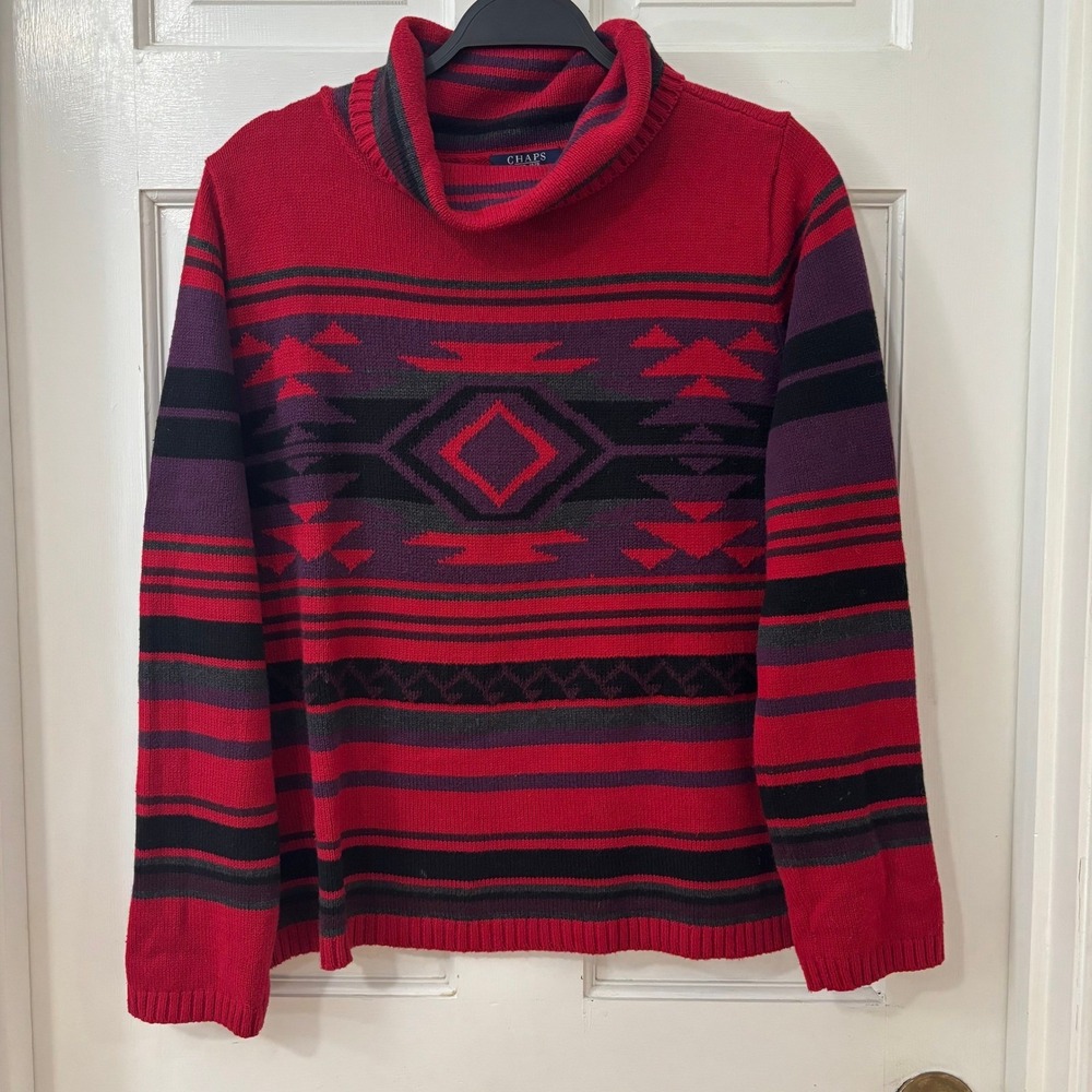 Chaps Southwestern Western Red Cowl Neck Soft Cotton‎ Blend Sweater Women's P/XL